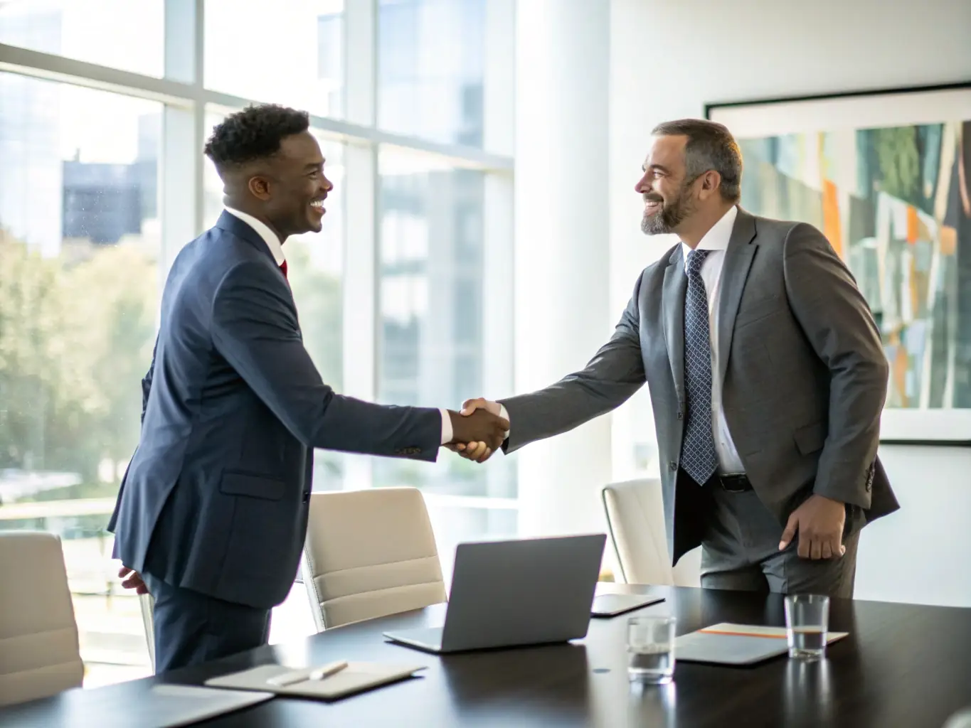 A professional shaking hands with a client in a modern office setting, symbolizing legal and compliance services. The atmosphere is one of trust and partnership.