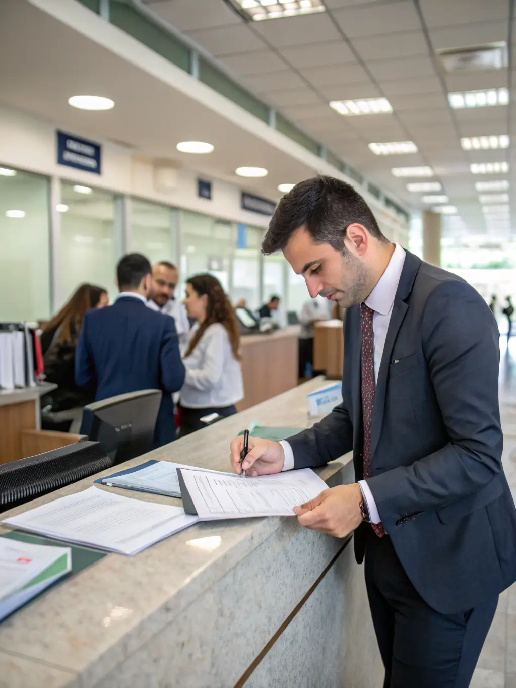 A professional obtaining a visa at an embassy in Laos, illustrating FocusCore's visa services. The image should suggest efficiency and reliability.