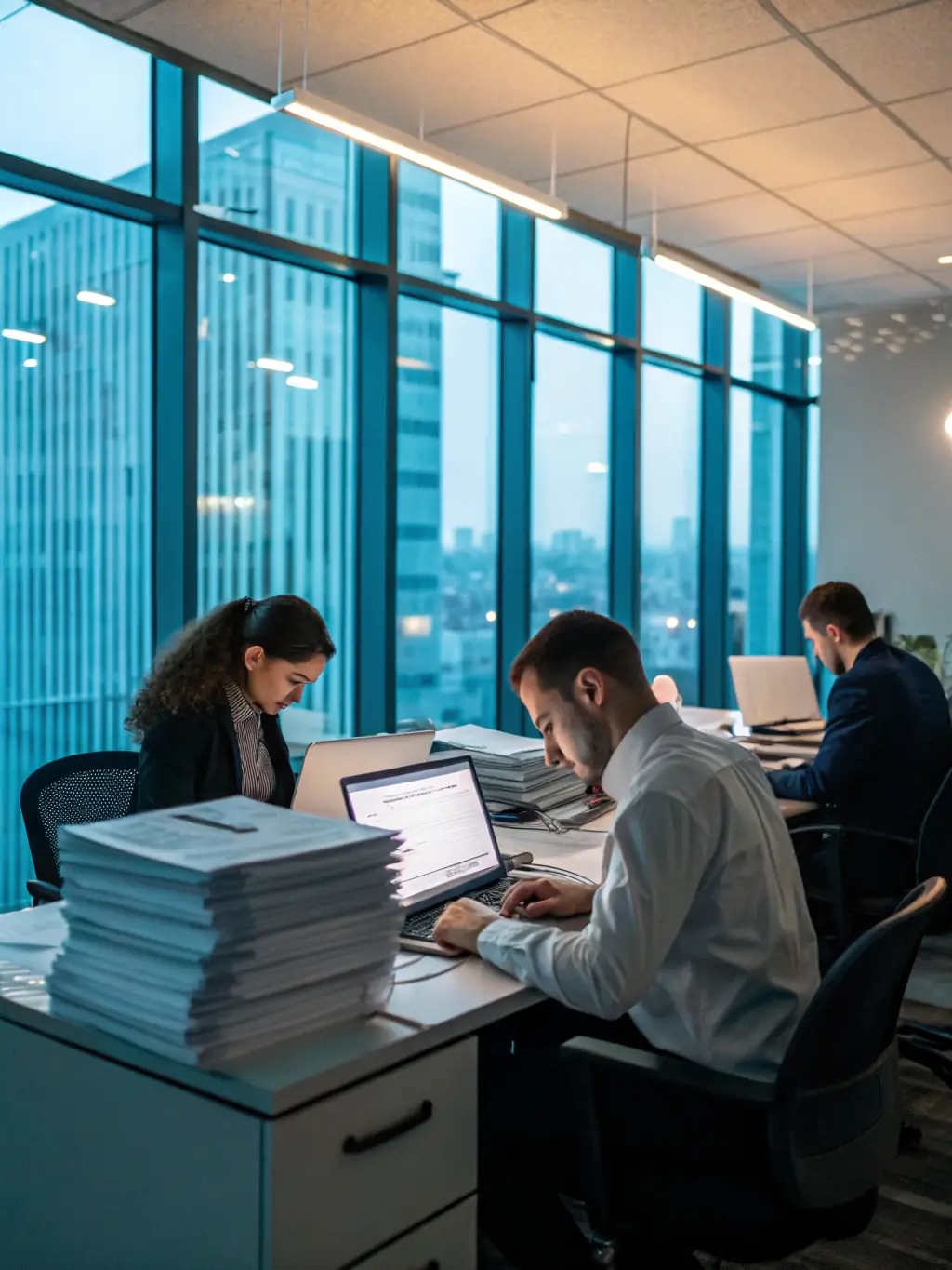 A well-organized accounting office with staff working diligently, representing FocusCore's accounting services in Myanmar. The image should evoke trust and precision.