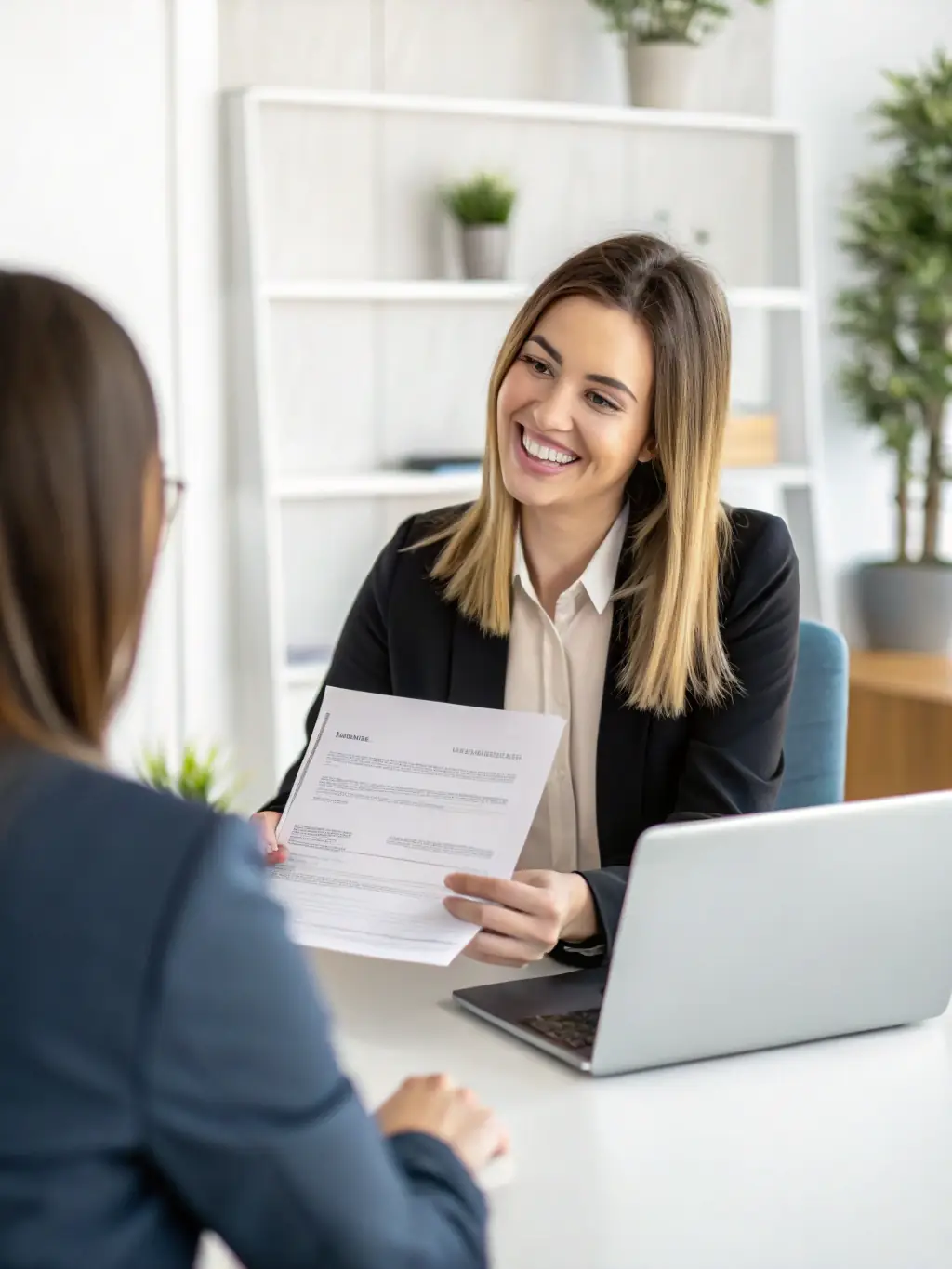 A professional headshot of a candidate being interviewed by a MyWorld Careers consultant in a modern office setting, showcasing the personalized approach to executive search.