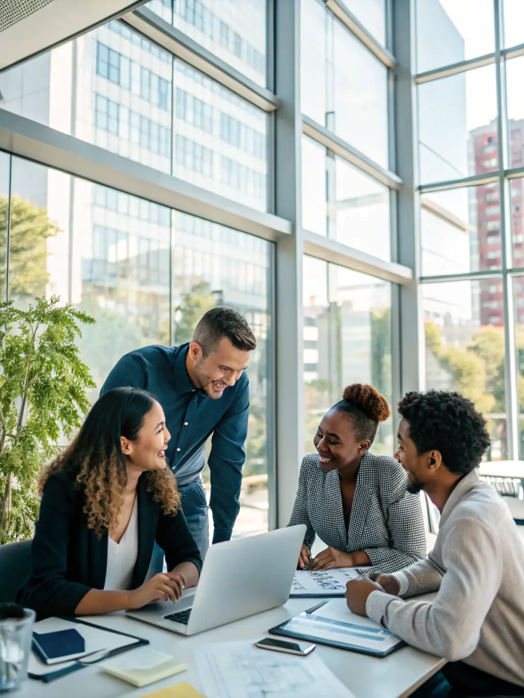 A diverse team of professionals collaborating in a modern office setting, representing FocusCore's comprehensive corporate services across Southeast Asia. The image should convey teamwork and expertise.