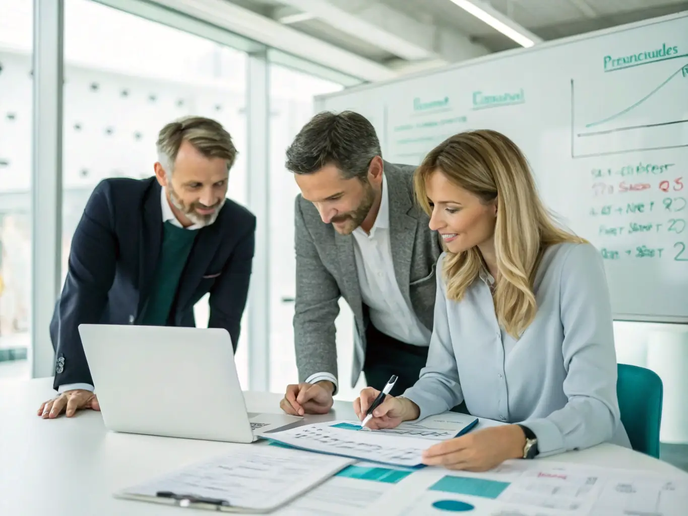 A professional workspace showcasing a team collaborating on financial documents, symbolizing PVC's expertise in financial services and commitment to client success.