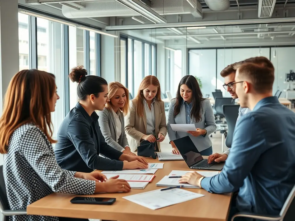A diverse team of HR professionals working together in a modern office, representing PVC's comprehensive HR and recruitment solutions.