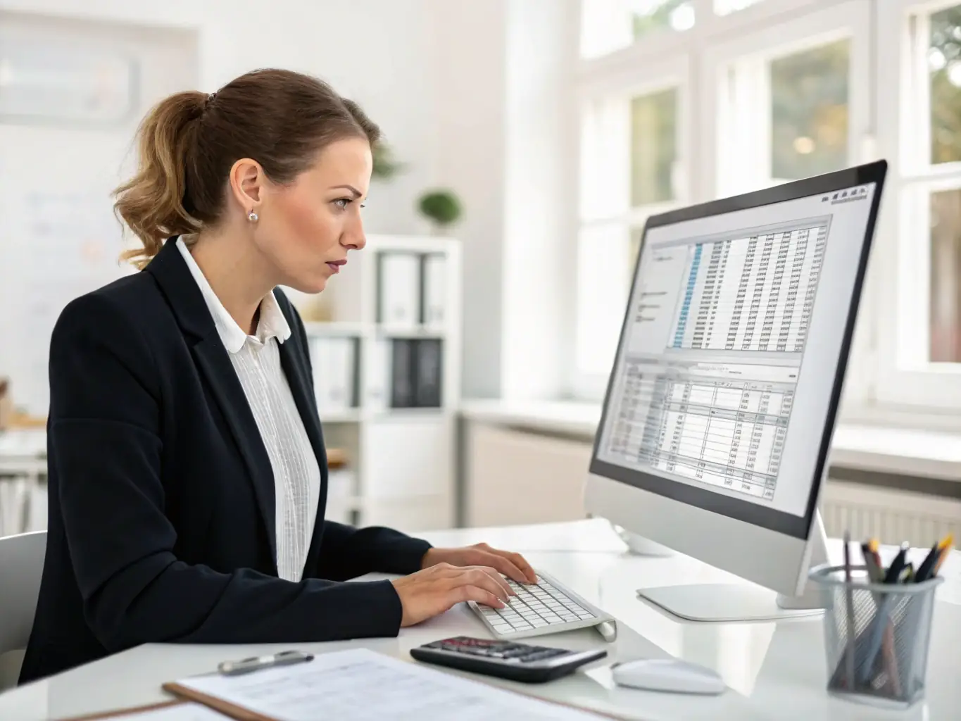 An image of a payroll processing screen with HR professionals discussing data, illustrating payroll and outsourcing solutions.